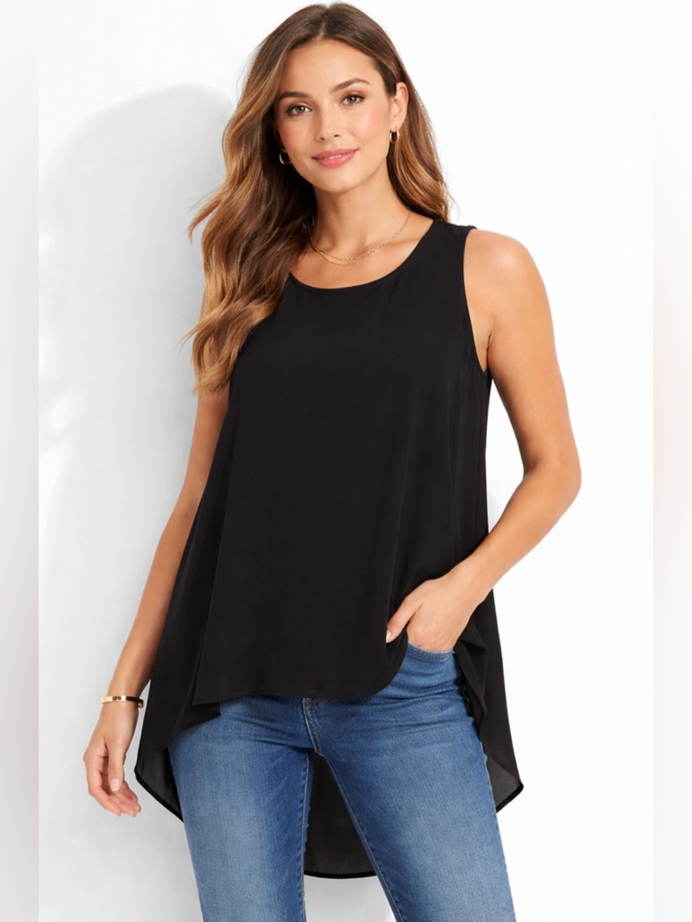 Vince Camuto BlackSleeveless Chiffon Blouse XL Hi-Low Hem Flowy Keyhole Back Top